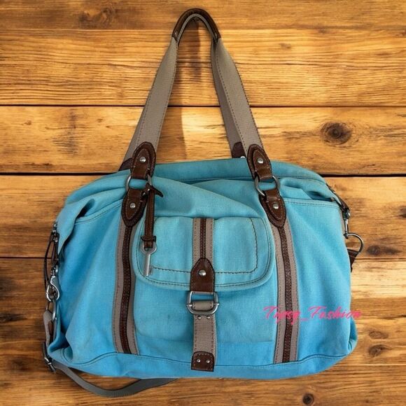 Fossil Blue Canvas Duffel Travel Bag Leather Trim - Picture 1 of 11